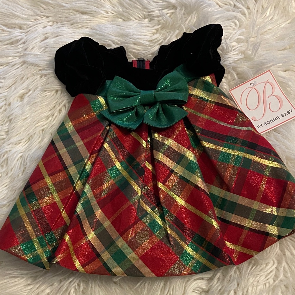 Bonnie Baby Red and Green Plaid Dress with Velvet Top size 3-6 months new